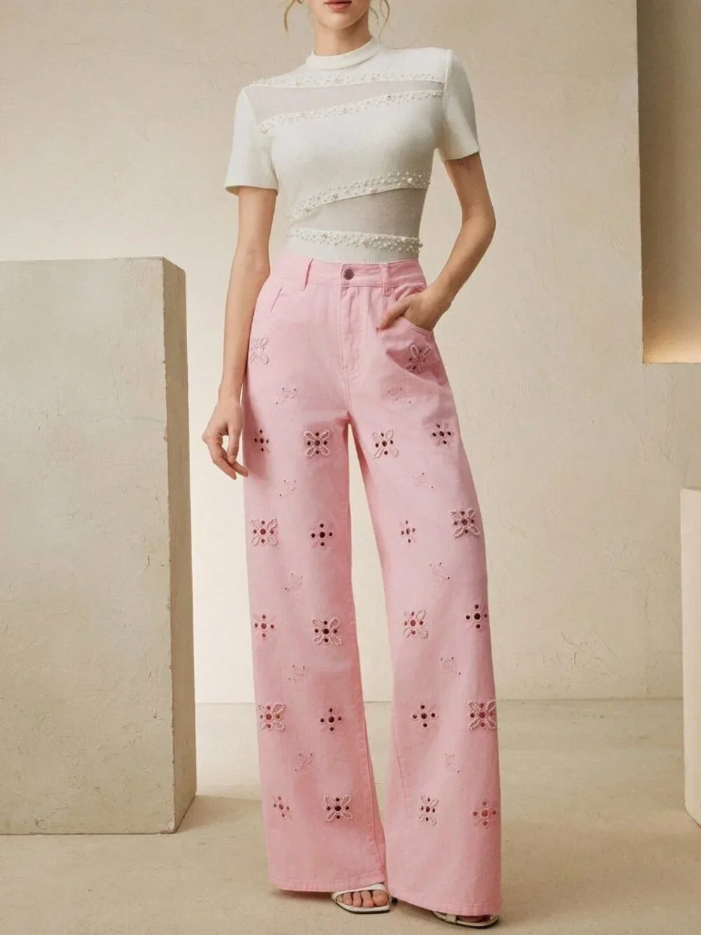 Pink Casual Women's Hollow-Out Embroidered Straight Leg Jeans